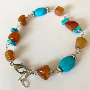 Agate stone handmade bracelet with extender chain blue and orange